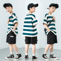 Boys summer clothing suit handsome 2022 new wave children striped short sleeves CUHK Scout Sports Net Red Fried Street Children Clothing