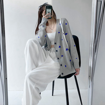 French maje gray blue flower embroidery medium long knitted cardigan sweater loose lazy wind V neck jacket