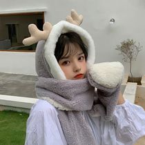 Antlers hat Korean cute female Joker autumn and winter Bear scarf one-piece cycling warm gloves three-piece tide