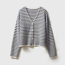 Rong Mei (ZZ0802612) non-fluorescent pure series retro stripe King V-neck pure cashmere cardigan