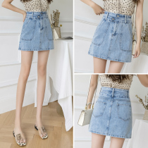 Denim short skirt womens summer 2021 new fashion high waist thin a-word anti-light step hip skirt