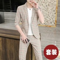 Mens suit suit summer 2021 new Korean slim mid-sleeve small suit plaid casual three-point sleeve jacket