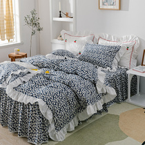 Korean Japanese style retro small floral cotton bed skirt four-piece set hipster ruffles cotton sheets quilt cover pastoral style