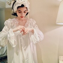 Princess Wind Court Sleeping Dress New French Lace Splice Deep V Ice Screen Satin Dress Renaissance
