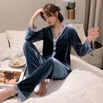 Golden velvet pajamas womens spring and autumn new Western style warm clothes women wear sexy net red home clothes set