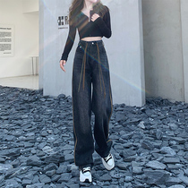 Waist Adjustable Loose Straight Jeans Womens Winter 2022 New High Waist Plus Velvet Contrast Color Wide Leg Pants