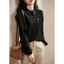Laughs culvert Elegant Temperament Micro-Penetrating Lace Splicing Cuff Polo Collar Wool Knit Cardiovert ZYO461011AG