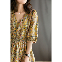  の Xiaohan pavilion linen Paisley printed dress design sense niche light cooked waist QZP382650MG