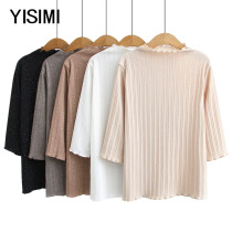 2020 spring and summer new te da ma womens middle-aged fat Mama solid color half turtleneck Half sleeve base shirt ladies blouse