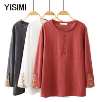 Autumn spring new large size womens wear plus large size long sleeve embroidered round neck T-shirt female fat mother loose top