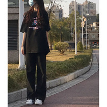 Black jeans woman 2022 new spring and summer straight cylinder loose with slim width high waist pituitary drag down Korean version pants