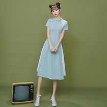Girl Odai cheongsam modified dress 2021 new summer blue medium-long retro young republic of China style