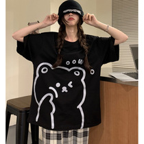 Black short-sleeved t-shirt womens 2021 summer new student cartoon printing t-shirt loose large size womens top