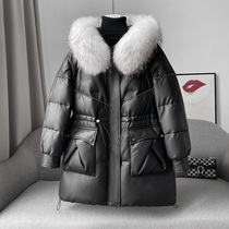 Fasch deli leather down clothes woman in the middle of winter raccoon fur collar with cap cotton sheepskin fur coat jacket young
