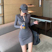 Long sleeve bottoming dress women's 2022 autumn and winter new solid color single-breasted tight slim temperament hip skirt