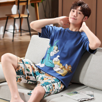Mens Pajamas Summer Cotton Short Sleeve Cartoon Junior Plus Size Summer Thin Cotton Loungewear Student Set