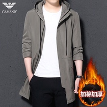 Chiamania khaki windbreaker men long hooded trend autumn and winter plus cotton thick warm jacket