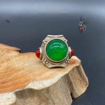 Minority small silver jewelry copper silver red jade ring inlaid green jade opening ring finger retro ring