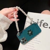 Dark green rhinestones for iphone13 mobile phone case flower pearl hanging chain Korean ins Wind Apple 13 high-grade 12pro