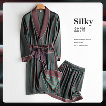 Mens robe summer ice silk thin pajamas set 2021 new simulation silk spring and summer long bathrobe men