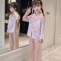 Princess powder Sweet Ice Silk girl pajamas long sleeve Princess big child silk girl childrens fashion Home suit suit