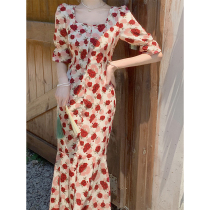 Hepburn Fengsheng Beautiful Waist French-style Famous Yuan New Fish Tail Super Perfect Rose Crush Dress Woman Summer