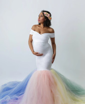 European and American womens clothing lace splicing mesh yarn Pregnant Woman Trailing short sleeves Dress Long Dress Photography Tug Taillian Dress