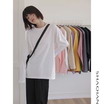 Pure white cotton long sleeve T-shirt female spring and autumn Korean version of loose autumn new interior with basic round neck base shirt