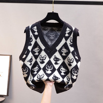 Tide brand v-neck sweater vest womens new casual plaid color design sense wear knitted vest coat womens clothing