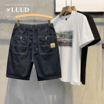 LUUD handsome pocket decoration tooling denim shorts mens summer super fire drawstring pants vintage five-point pants