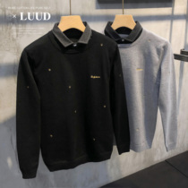 LUUD fashion gold thread embroidery fake two-piece sweater British style mens slim sweater stitching casual sweater