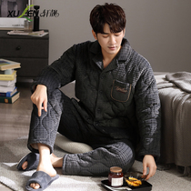 Pajamas men winter winter three-layer thick warm cotton coral fleece can be worn outside cotton jacket home suit