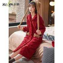 Flannel Sleepwear Lady Autumn winter paragraph Thickened Pyjamas nightgown Coral Coral Fleece home Gush with velvety bathrobe length plush