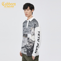 Cabin Men's White Long Sleeve POLO Shirt Printed Fashion Loose Top H