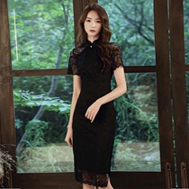 Black printed cheongsam lace short catwalk modified dress young girl summer 2021 new fashion