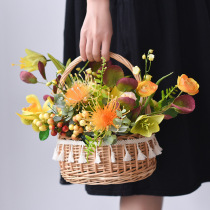 Simulation floral set pastoral wood art grass weaving Wicker rattan artificial flower basket ornaments living room decoration home furnishings