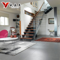 Steel and wood loft custom double beam straight beam staircase household Villa glass guardrail attic duplex integral staircase