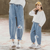 Girl Pants Spring Autumn Slim Fit Outside Wearing Summer Clothes Big Boy Womens Clothing Breaking Hole Jeans Loose Children Casual Old Daddy Pants