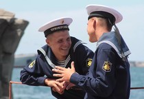 The Soviet Navys Black Sea Fleet Water Sailors Hat Ribbon Floats On The Air.