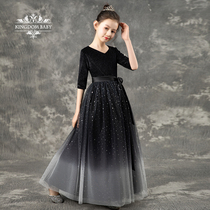 Girls black princess dress dress long piano performance clothing spring and summer long sleeve childrens orchestra performance chorus dress