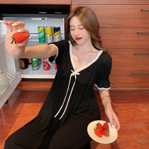 Sleepwear women Summer pure desire Winds Black Modale Cotton Slim Sexy Temperament Lace Thin short sleeves Long style Sleeping Dress