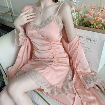 Sleepwear Lady Spring Summer With Chest Cushion Sexy Ice Silk 2022 New Pure Desire Lace Harness Pyjamas Pyjamas Sleeping Robe Suit