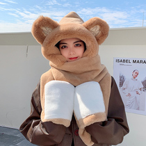 Autumn and winter wild cute bear hat scarf one girl winter cycling warm scarf gloves