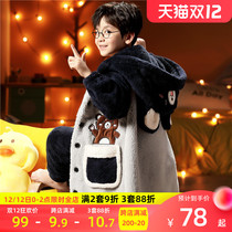 Boys pajamas autumn and winter coral velvet thickened boys middle and big children flannel robe childrens home clothing set