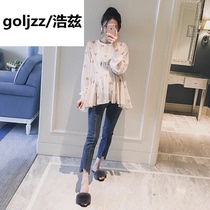  Pregnant women chiffon top 2020 autumn long-sleeved short 3-9 months printing loose age-reducing a-word doll shirt cover