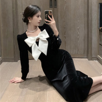 Senior sense light luxury niche high-end dress dress women bow backless black gold velvet dress children autumn and winter