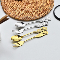 Retro rose spoon dessert fork ice cream coffee spoon 304 stainless steel ins embossed flower cutlery Korean