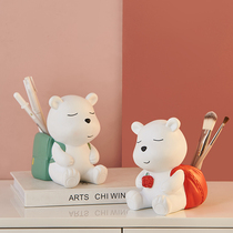 Cute art bear pen holder ins desktop ornaments childrens office makeup brush bucket storage box girl gift