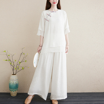 Buddhist clothes female residence womens young Zen womens summer Chinese two-piece cotton linen fairy Zen clothing women