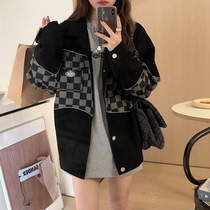 Wu 77 checkerboard splicing reflective strip coat female FU ancient loose lazy casual fashion jacket Autumn Tide 2021